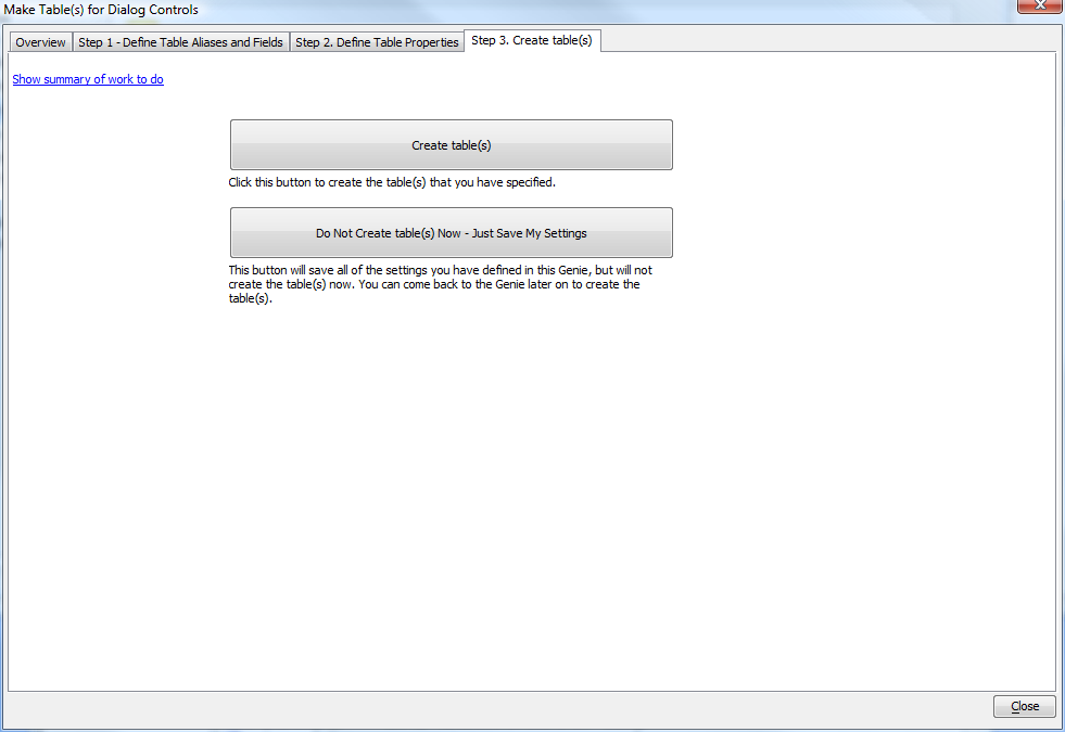 Dialog Create Tables